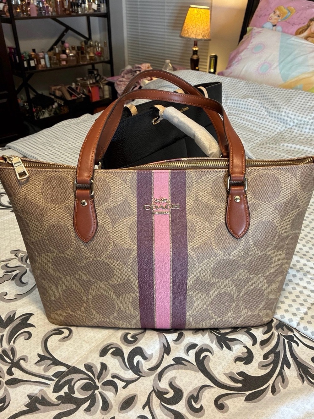 Coach Brown Signature Tote with Pink and Purple Center Stripe
